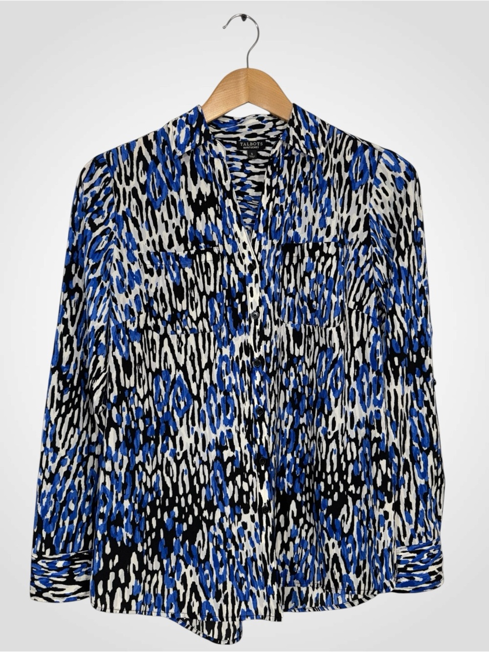 WSH19 {Talbots} "Nantucket" Blue Black White Long Sleeve Button Down Blouse Top